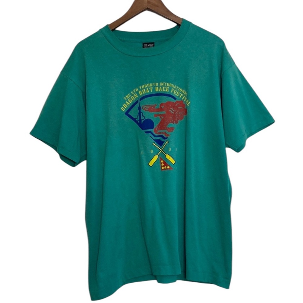 Vintage 90s TShirt Men XL Green Crew Neck Single Stitch Dragon Boat Fest Toronto